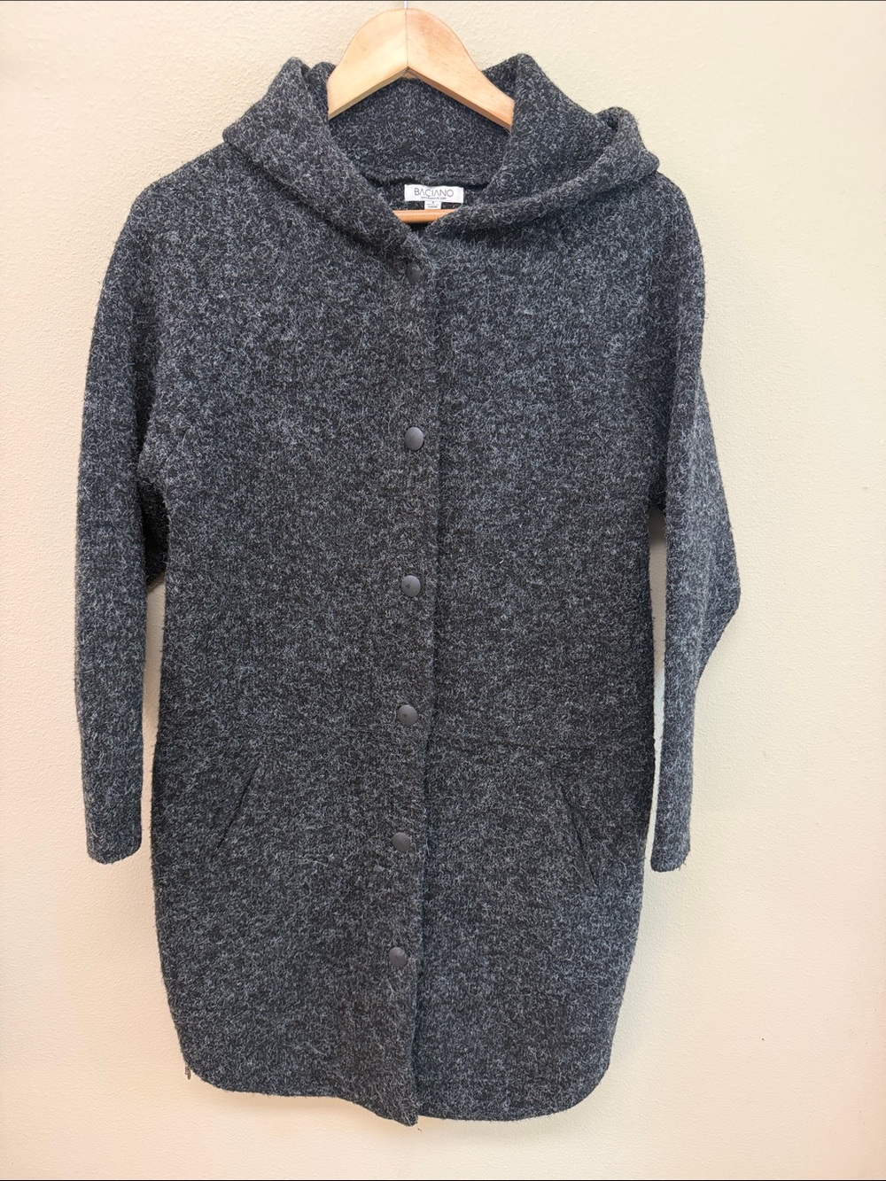 Baciano Women’s Long Cozy Hooded Snap-Front Trench Coat in Charcoal 20%wool